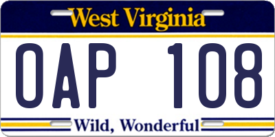 WV license plate OAP108