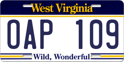 WV license plate OAP109