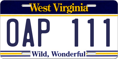 WV license plate OAP111