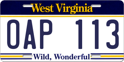 WV license plate OAP113