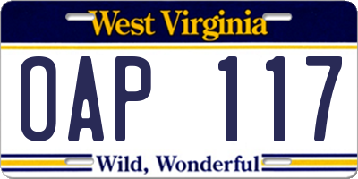 WV license plate OAP117