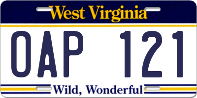 WV license plate OAP121