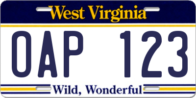 WV license plate OAP123