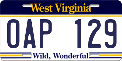 WV license plate OAP129
