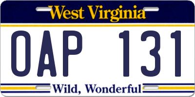 WV license plate OAP131