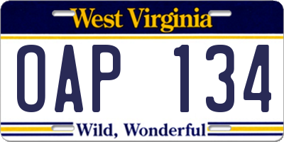 WV license plate OAP134