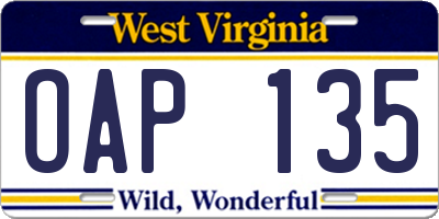 WV license plate OAP135