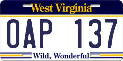 WV license plate OAP137