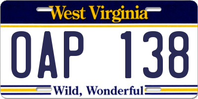 WV license plate OAP138