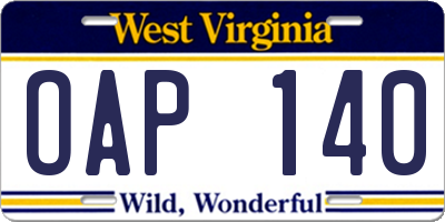 WV license plate OAP140