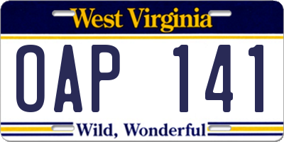 WV license plate OAP141