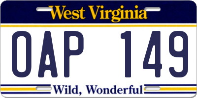 WV license plate OAP149