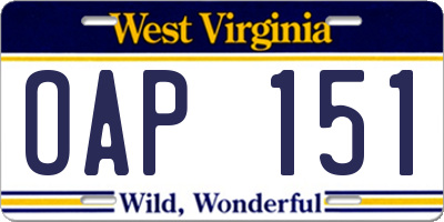 WV license plate OAP151