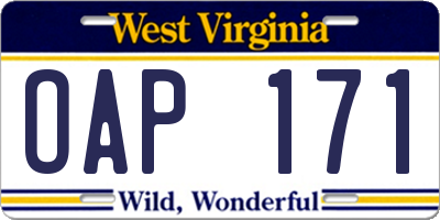 WV license plate OAP171