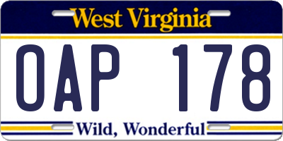 WV license plate OAP178