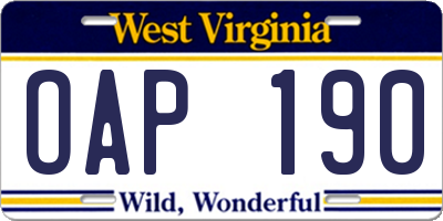 WV license plate OAP190