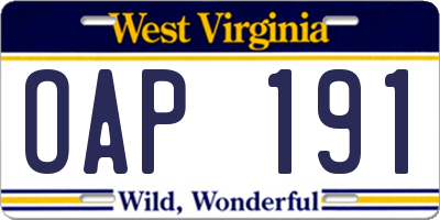 WV license plate OAP191