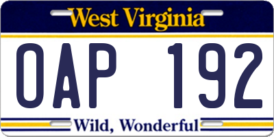 WV license plate OAP192