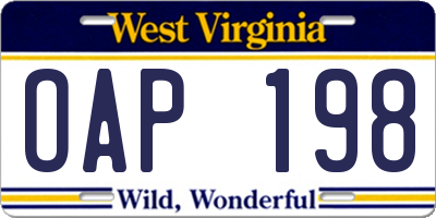 WV license plate OAP198