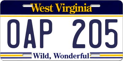 WV license plate OAP205