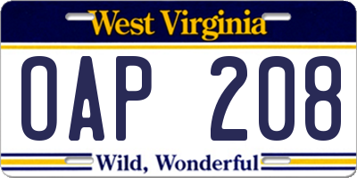 WV license plate OAP208