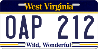 WV license plate OAP212
