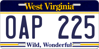 WV license plate OAP225