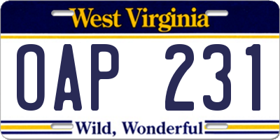 WV license plate OAP231