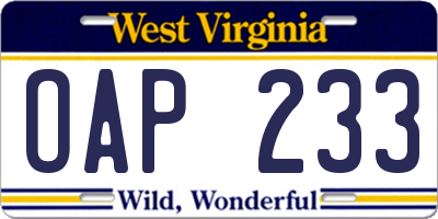 WV license plate OAP233