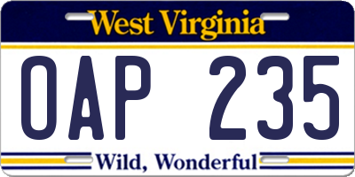 WV license plate OAP235