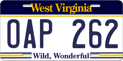 WV license plate OAP262