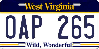 WV license plate OAP265