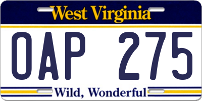 WV license plate OAP275