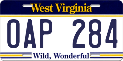 WV license plate OAP284