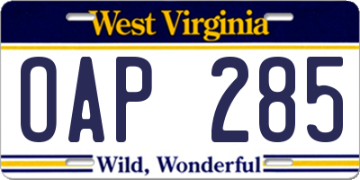 WV license plate OAP285