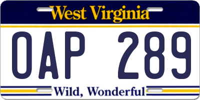 WV license plate OAP289