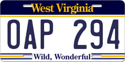 WV license plate OAP294