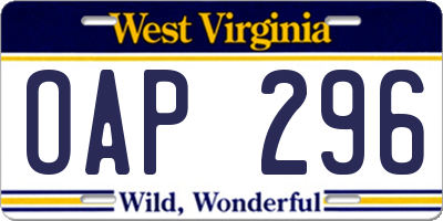 WV license plate OAP296