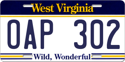 WV license plate OAP302