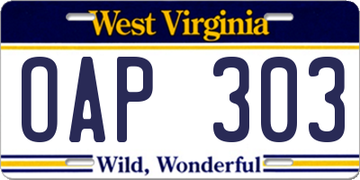 WV license plate OAP303