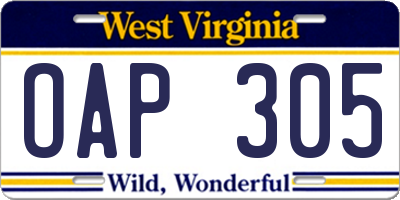 WV license plate OAP305