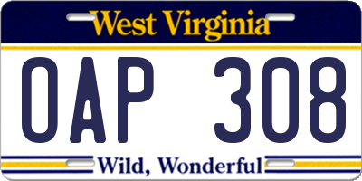 WV license plate OAP308