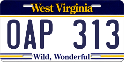 WV license plate OAP313