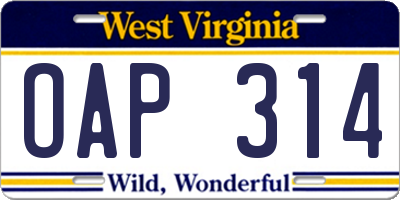 WV license plate OAP314