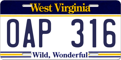 WV license plate OAP316