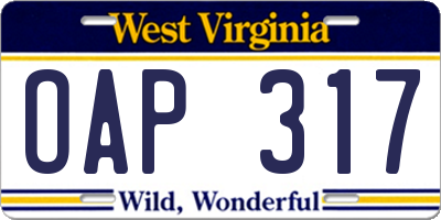 WV license plate OAP317