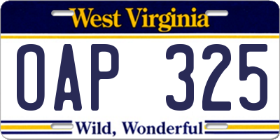 WV license plate OAP325