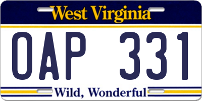 WV license plate OAP331
