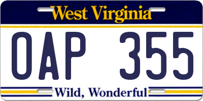 WV license plate OAP355
