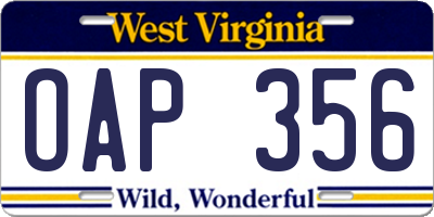 WV license plate OAP356